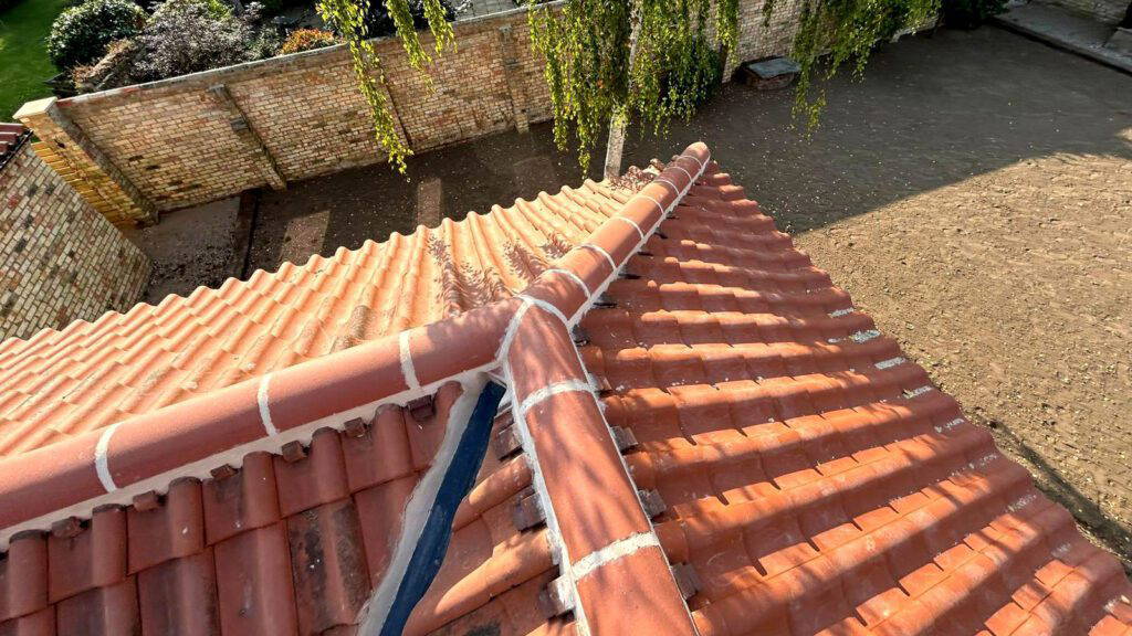 Terracotta roof with chimney detail.