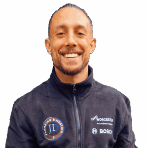 Man in work uniform, logo visible.